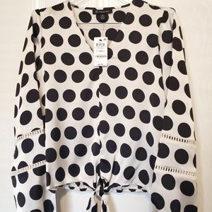 NEW INC International Concepts Satin Polka Dot Balloon Sleeve Blouse